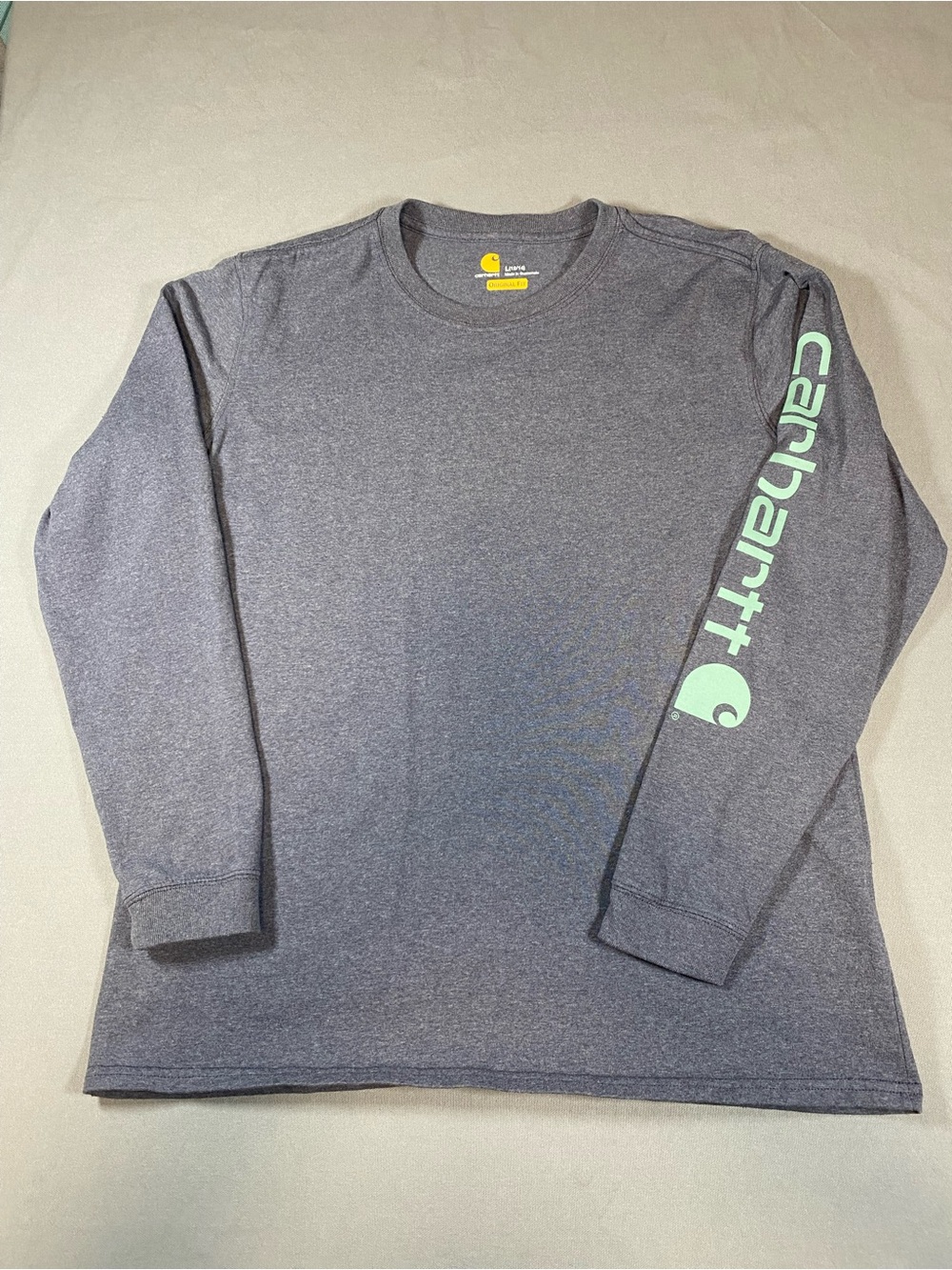Carhartt Heather Gray Long Sleeve Tee with Mint Sleeve Logo